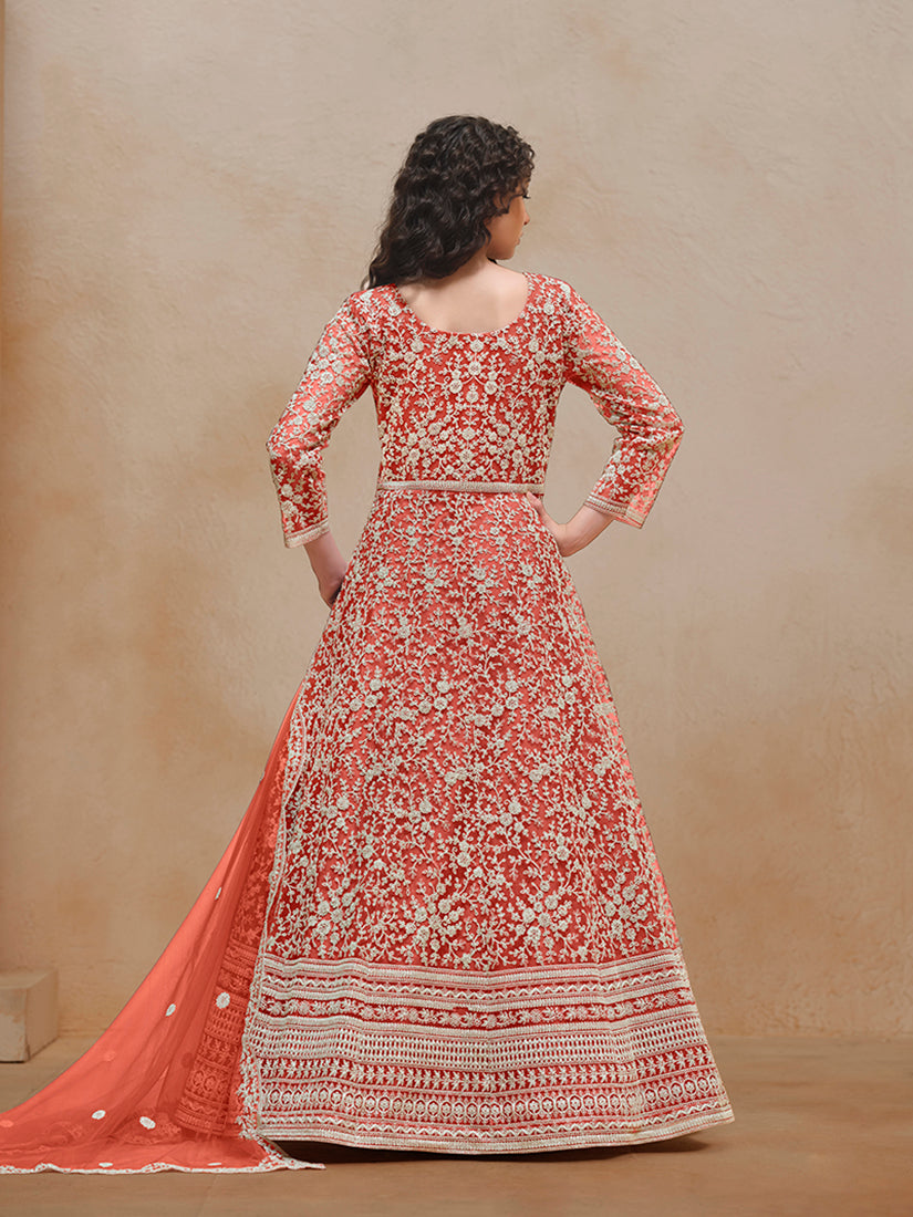 Monjolika Fashion Dark-Orange Color Embroidered Santoon Net Salwar Suit - Distacart