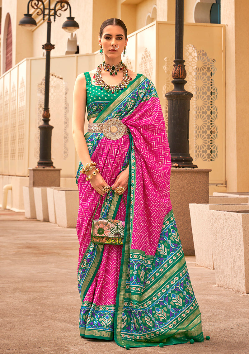 Monjolika Fashion Patola Silk Rani Pink And Green Patola Print Classic Saree