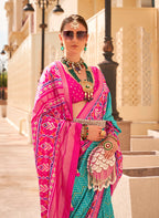 Monjolika Fashion Patola Silk Turquoise And Rani Pink Patola Print Classic Saree