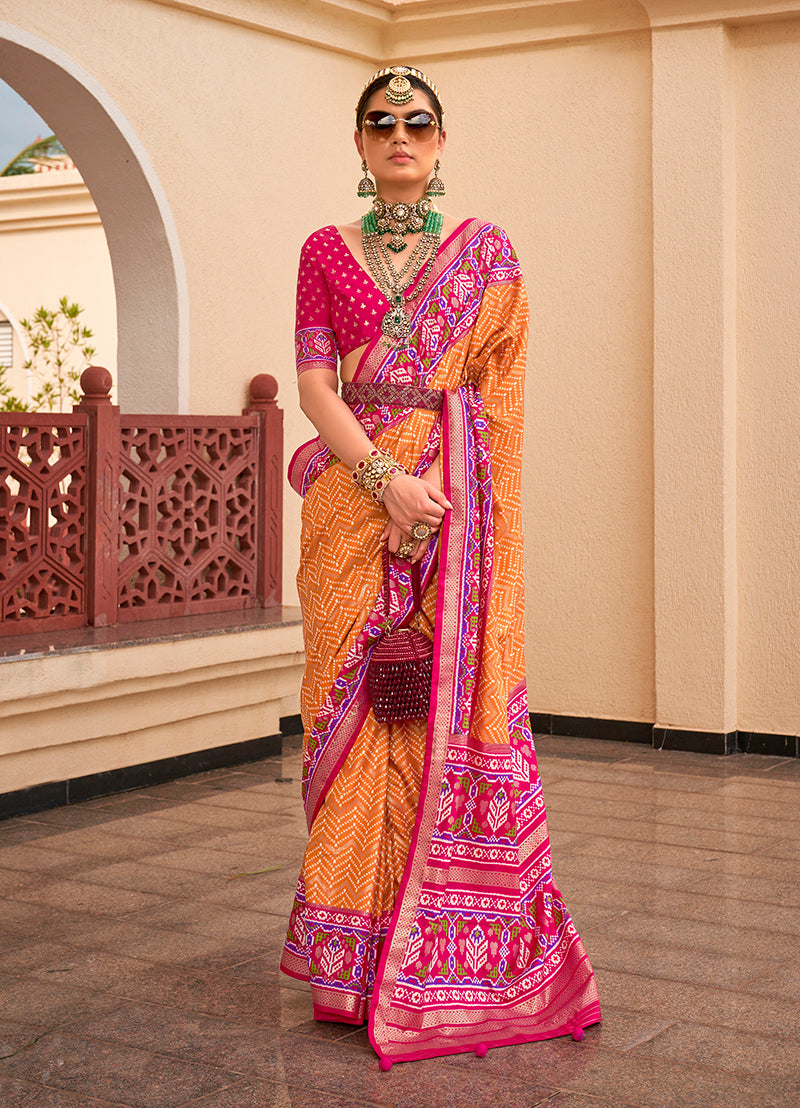 Monjolika Fashion Patola Silk Mustard And Rani Pink Patola Print Classic Saree