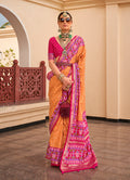 Monjolika Fashion Patola Silk Mustard And Rani Pink Patola Print Classic Saree