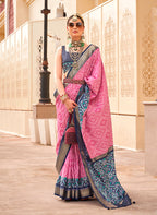 Monjolika Fashion Patola Silk Pink And Navy Blue Patola Print Classic Saree