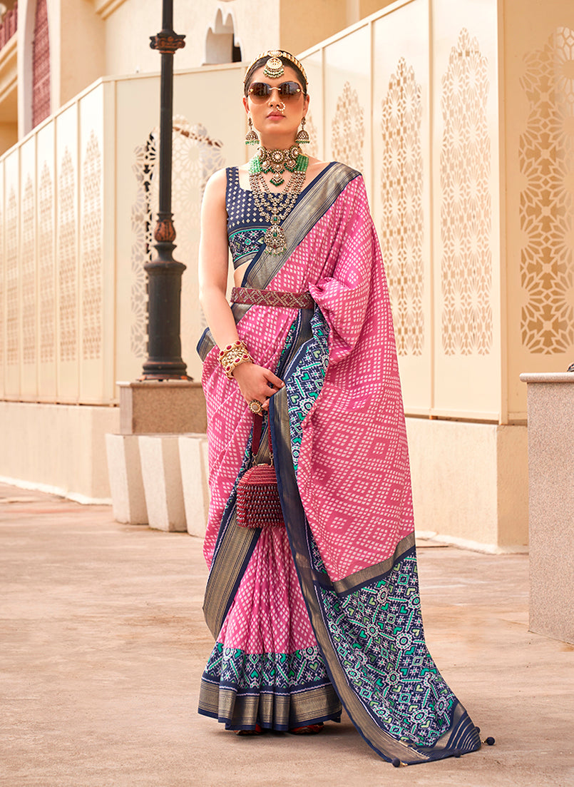 Monjolika Fashion Patola Silk Pink And Navy Blue Patola Print Classic Saree