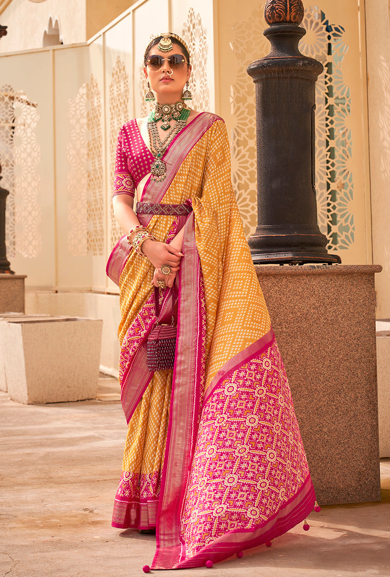Monjolika Fashion Patola Silk Yellow And Rani Pink Patola Print Classic Saree
