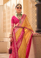 Monjolika Fashion Patola Silk Yellow And Rani Pink Patola Print Classic Saree