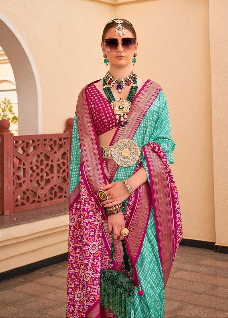 Monjolika Fashion Patola Silk Light Sea Green And Magenta Patola Print Classic Saree