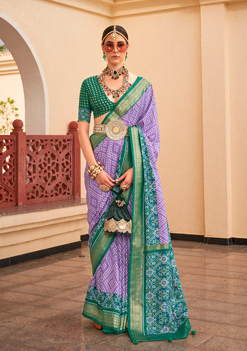 Monjolika Fashion Patola Silk Lavender And Green Patola Print Classic Saree