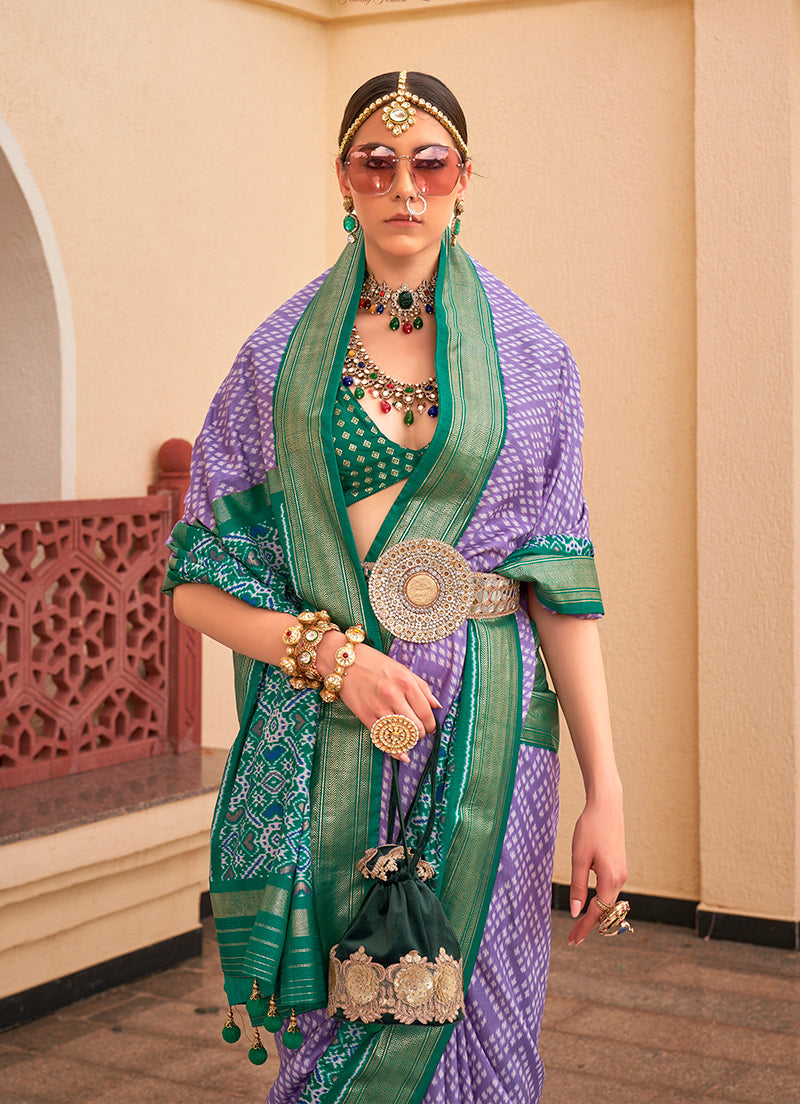 Monjolika Fashion Patola Silk Lavender And Green Patola Print Classic Saree