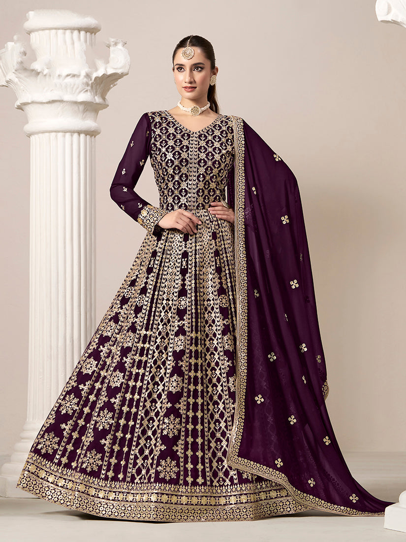 Monjolika Fashion Dark-Purple Color Embroidered Santoon Georgette Salwar Suit - Distacart