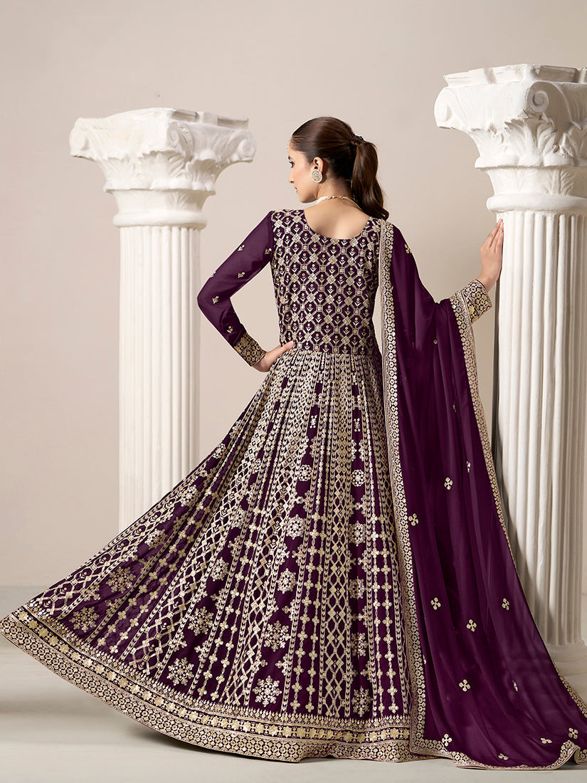 Monjolika Fashion Dark-Purple Color Embroidered Santoon Georgette Salwar Suit - Distacart