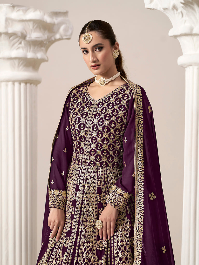 Monjolika Fashion Dark-Purple Color Embroidered Santoon Georgette Salwar Suit - Distacart