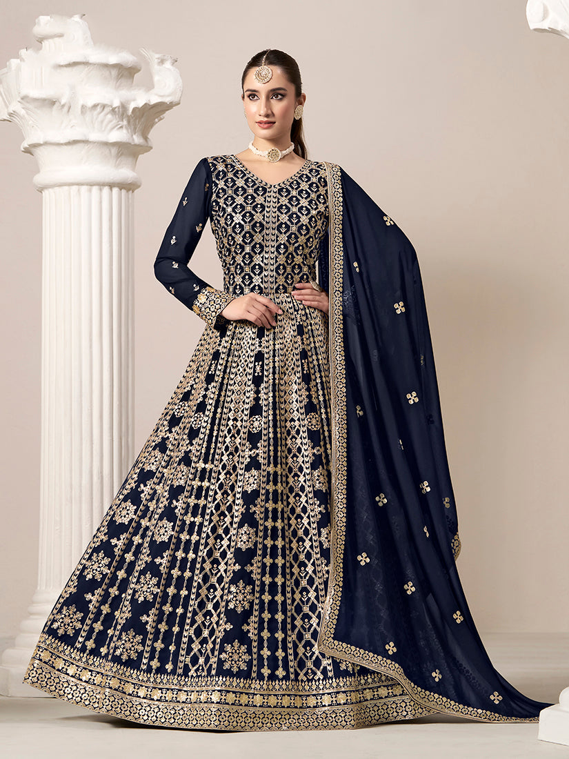 Monjolika Fashion Navy-Blue Color Embroidered Santoon Georgette Salwar Suit - Distacart