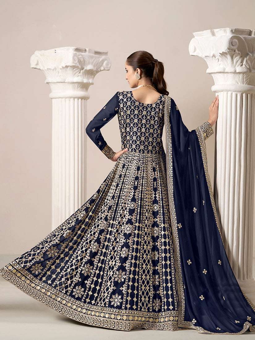 Monjolika Fashion Navy-Blue Color Embroidered Santoon Georgette Salwar Suit - Distacart