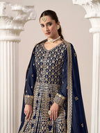Monjolika Fashion Navy-Blue Color Embroidered Santoon Georgette Salwar Suit - Distacart