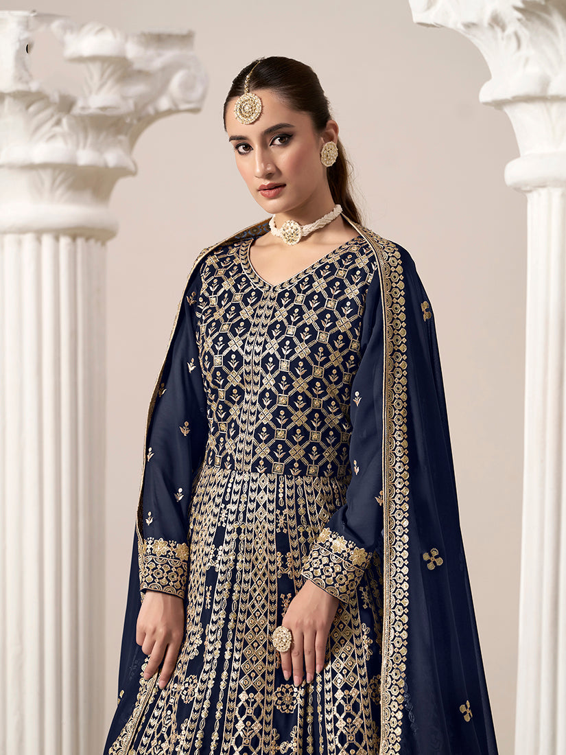 Monjolika Fashion Navy-Blue Color Embroidered Santoon Georgette Salwar Suit - Distacart