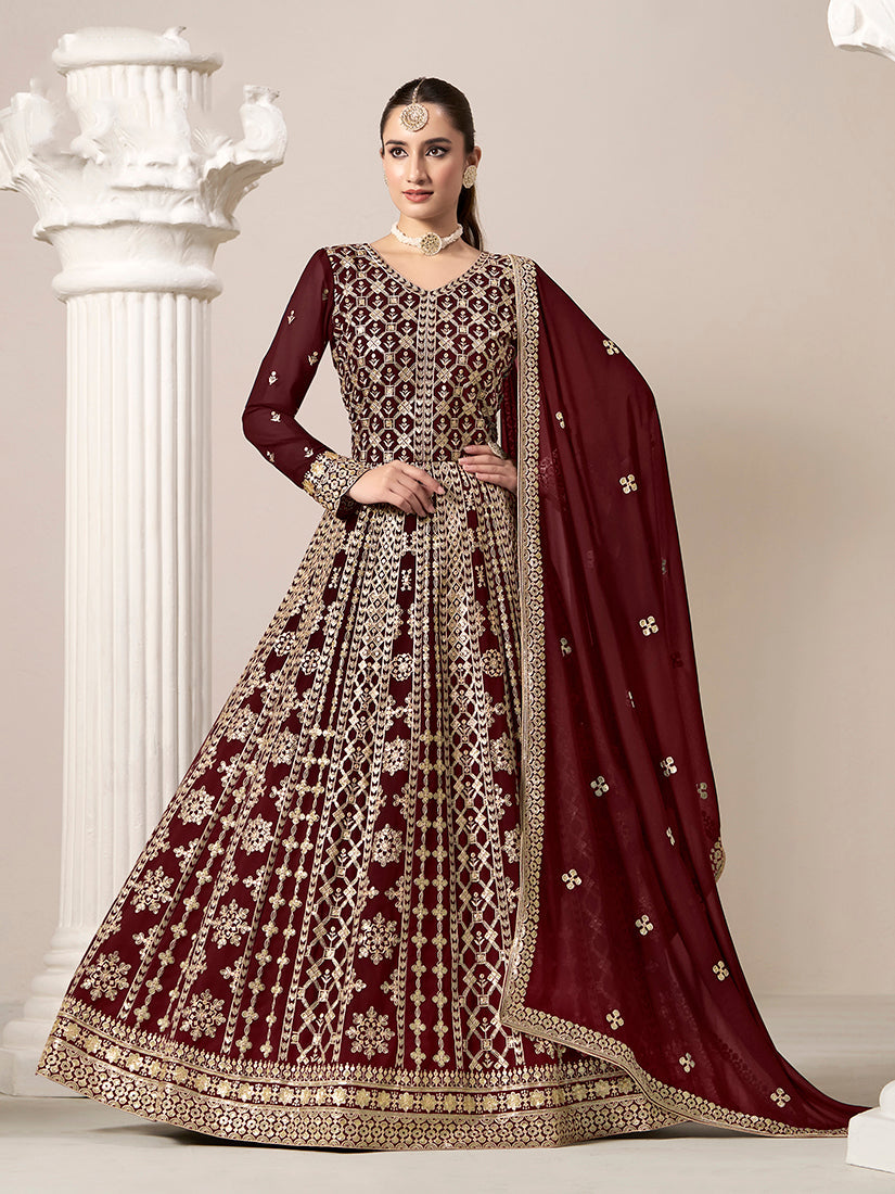 Monjolika Fashion Maroon Color Embroidered Santoon Georgette Salwar Suit - Distacart