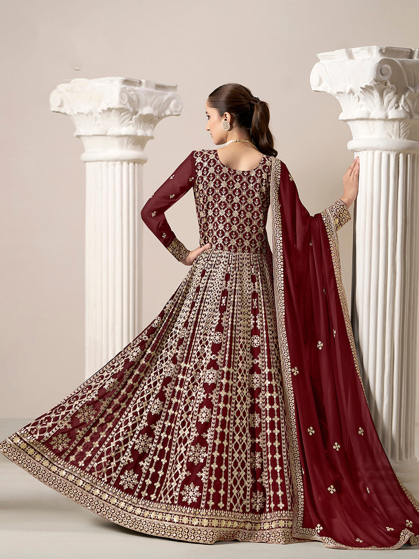 Monjolika Fashion Maroon Color Embroidered Santoon Georgette Salwar Suit - Distacart