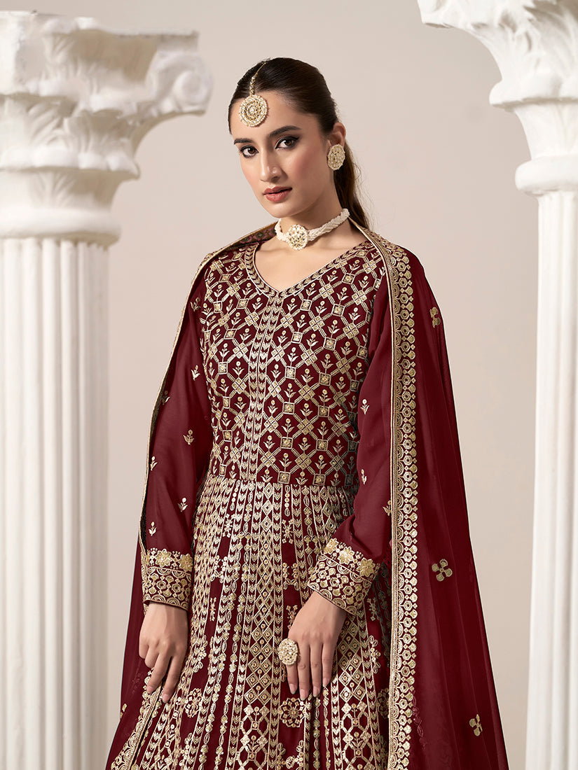 Monjolika Fashion Maroon Color Embroidered Santoon Georgette Salwar Suit - Distacart