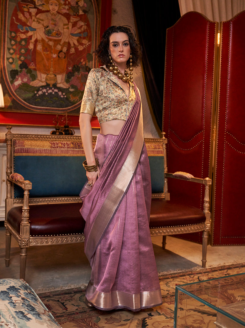 Monjolika Fashion Onion Pink Chiffon Weaving Trendy Saree