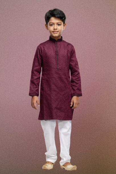 Raivat Ethnic Art Silk Thread Work Kids Kurta Pajama In Maroon Colour