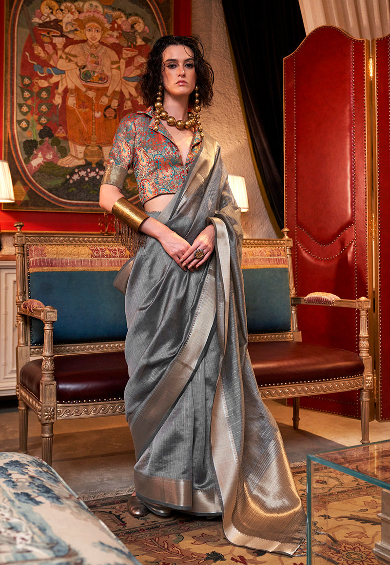 Monjolika Fashion Grey Chiffon Weaving Trendy Saree