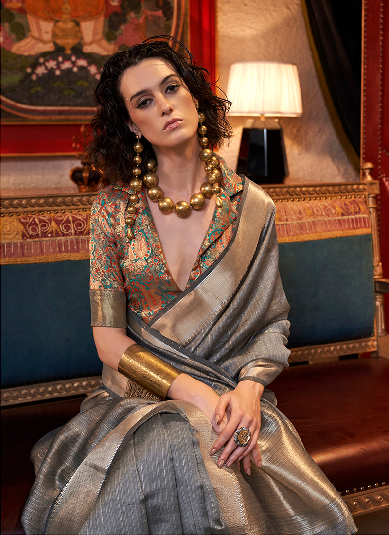 Monjolika Fashion Grey Chiffon Weaving Trendy Saree