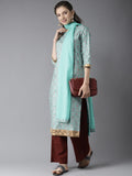 HERE&NOW Women Blue & Brown Printed Kurta with Palazzos & Dupatta