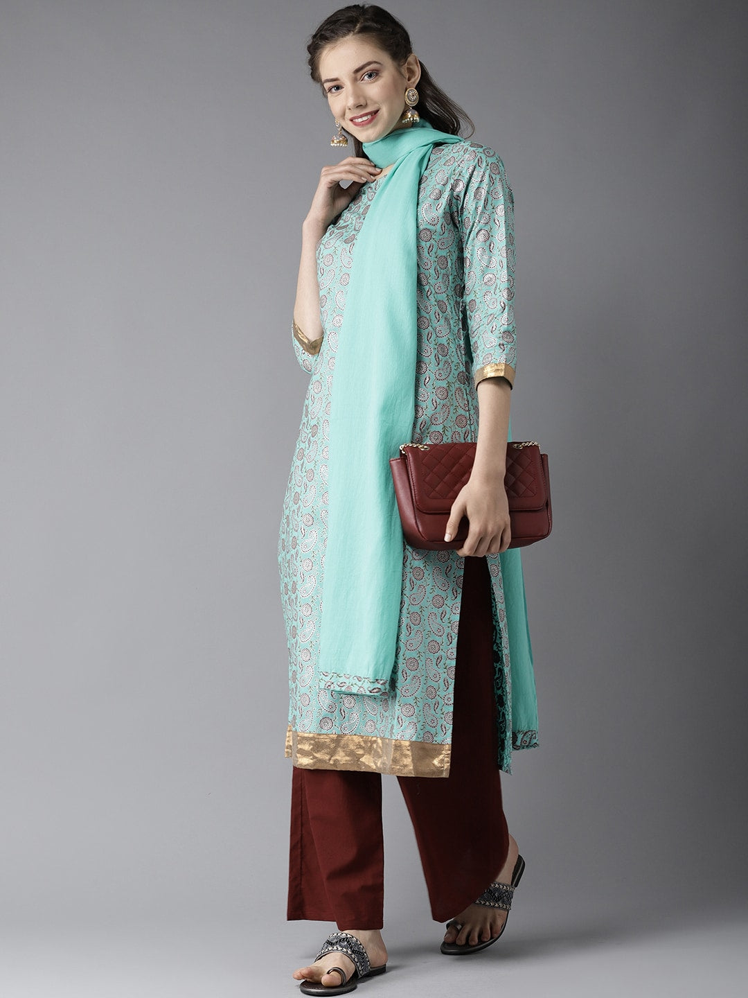 HERE&NOW Women Blue & Brown Printed Kurta with Palazzos & Dupatta