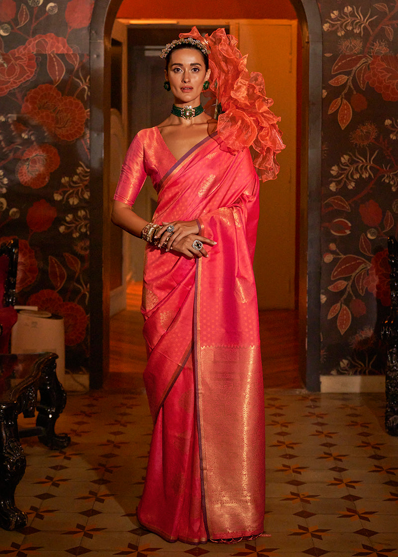 Monjolika Fashion Handloom Silk Weaving Peach Trendy Saree - Distacart
