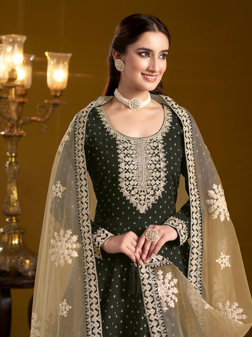 Monjolika Fashion Black Color Embroidered Santoon Chanderi Silk Salwar Suit - Distacart