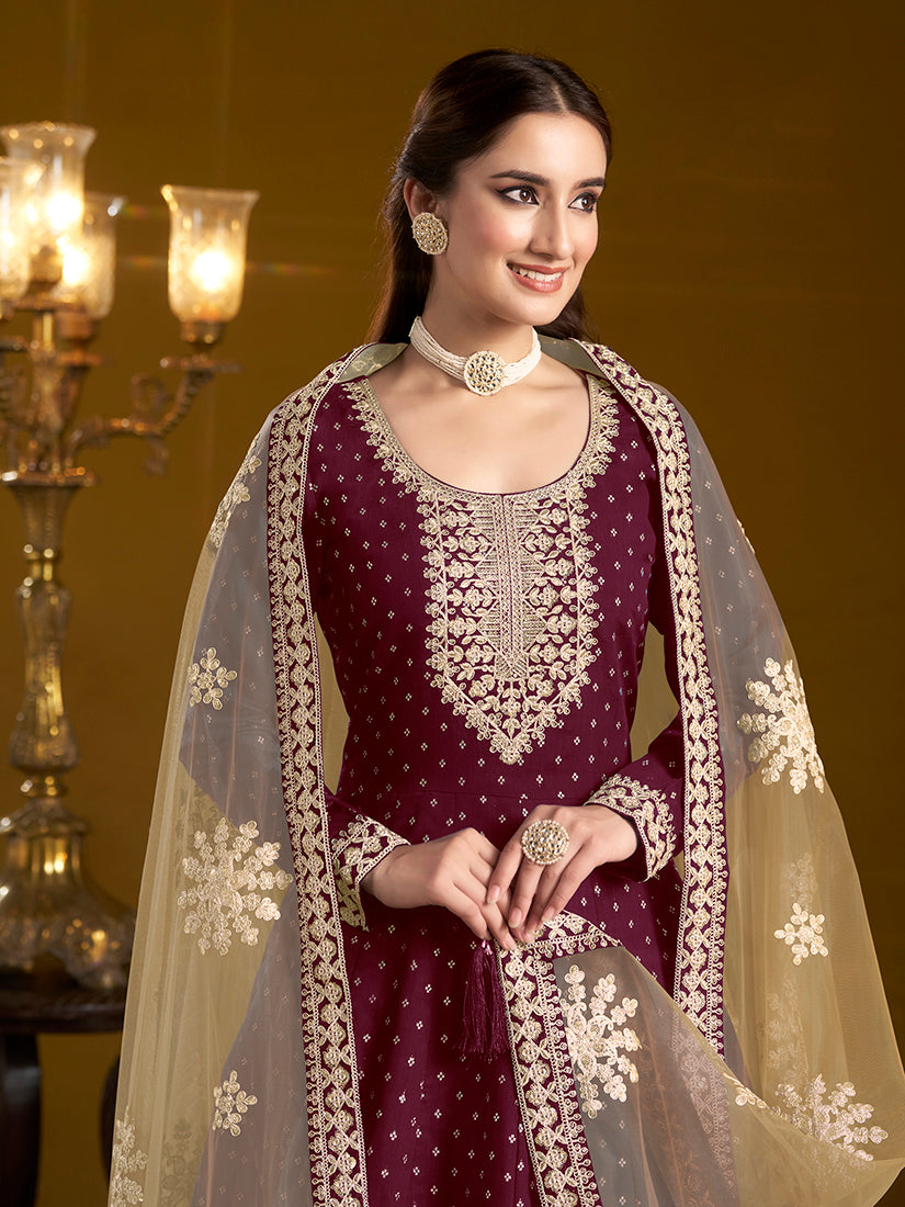 Monjolika Fashion Burgundy Color Embroidered Santoon Chanderi Silk Salwar Suit - Distacart