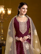 Monjolika Fashion Burgundy Color Embroidered Santoon Chanderi Silk Salwar Suit - Distacart