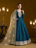 Monjolika Fashion Teal-Blue Color Embroidered Santoon Chanderi Silk Salwar Suit - Distacart