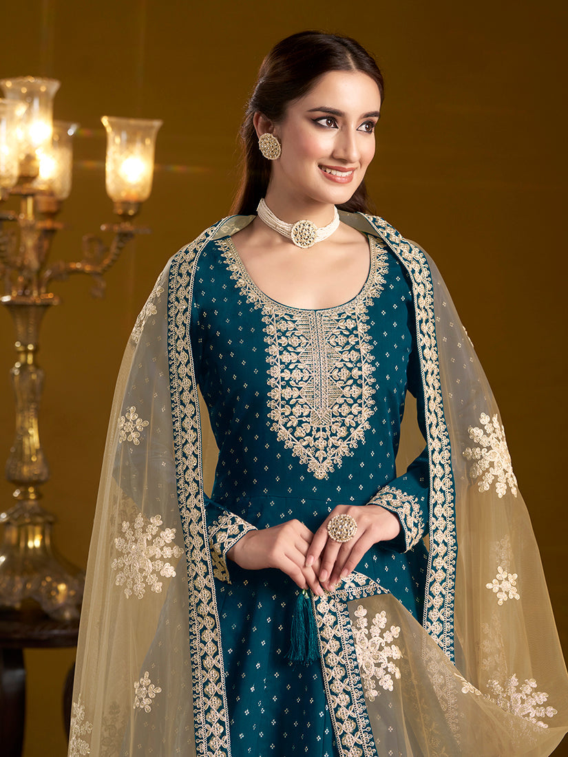 Monjolika Fashion Teal-Blue Color Embroidered Santoon Chanderi Silk Salwar Suit - Distacart