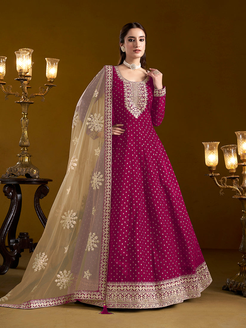 Monjolika Fashion Magenta Color Embroidered Santoon Chanderi Silk Salwar Suit - Distacart