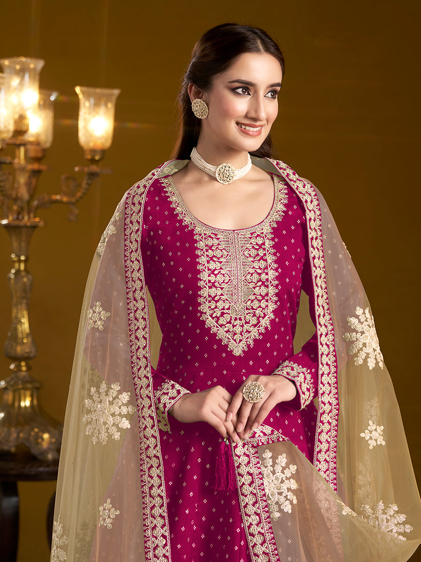 Monjolika Fashion Magenta Color Embroidered Santoon Chanderi Silk Salwar Suit - Distacart