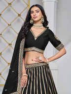 Monjolika Fashion Embroidered Art Silk Trendy Lehenga Choli In Black