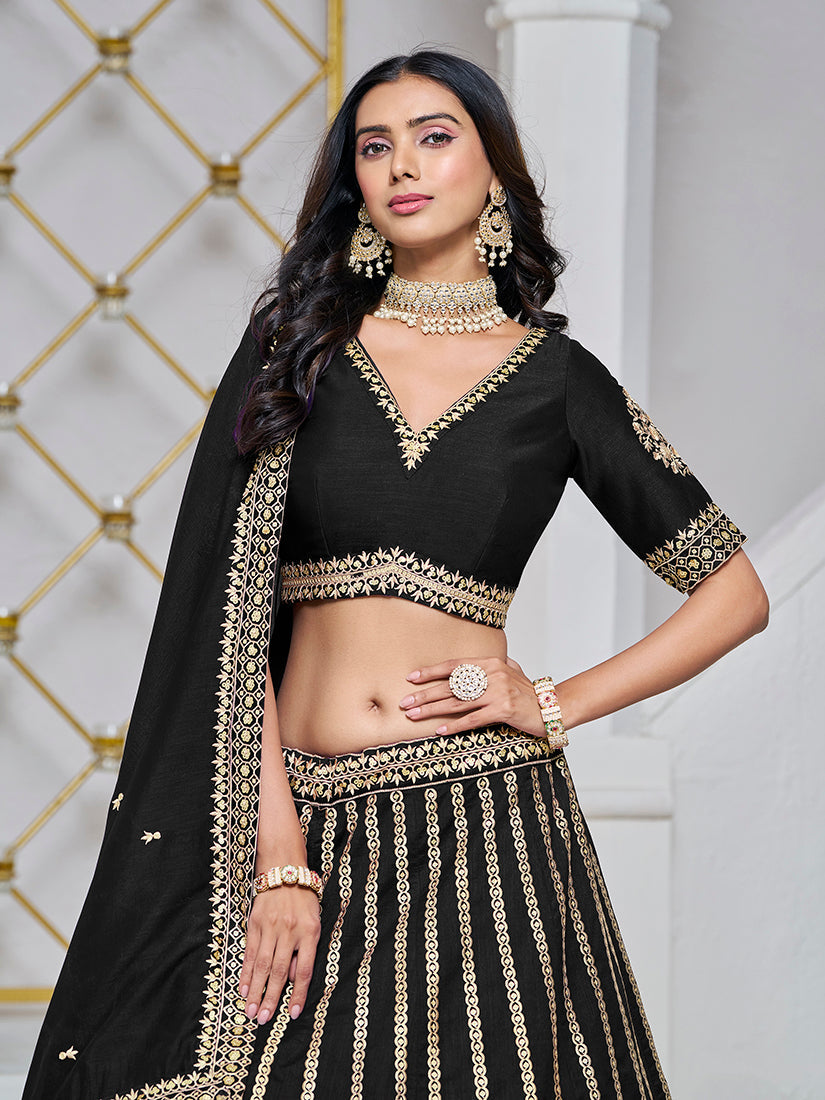 Monjolika Fashion Embroidered Art Silk Trendy Lehenga Choli In Black