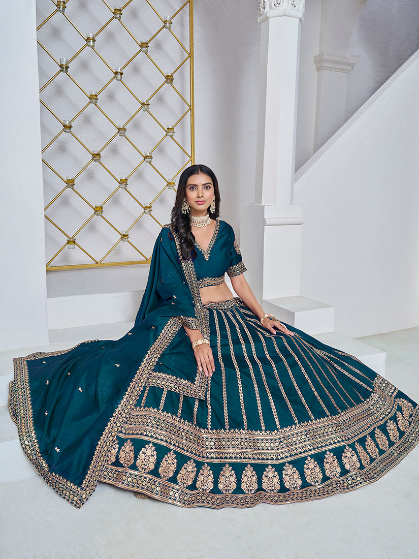 Monjolika Fashion Embroidered Art Silk Trendy Lehenga Choli In Teal