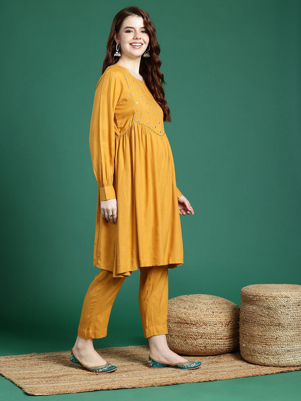 Sangria Mirror Work Embroidered Regular Gotta Patti A-Line Kurta With Trousers & Dupatta