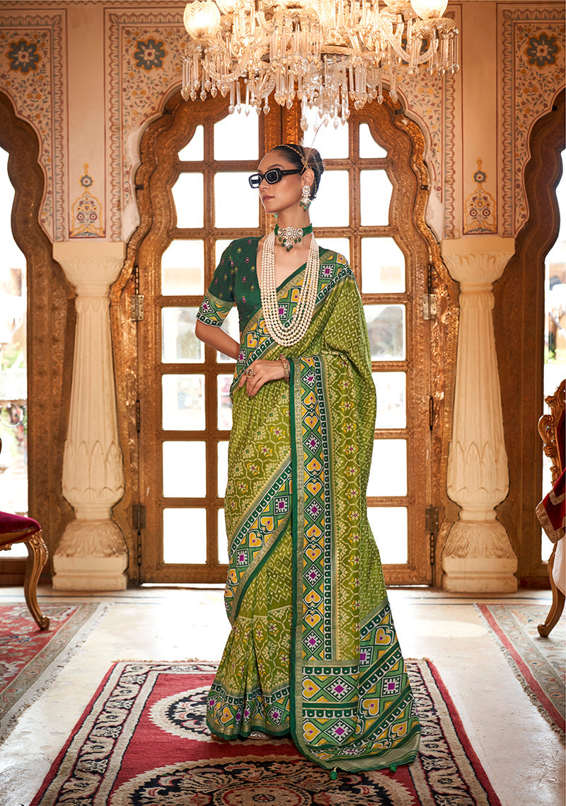 Monjolika Fashion Light Olive Green Patola Print Festival Contemporary Saree
