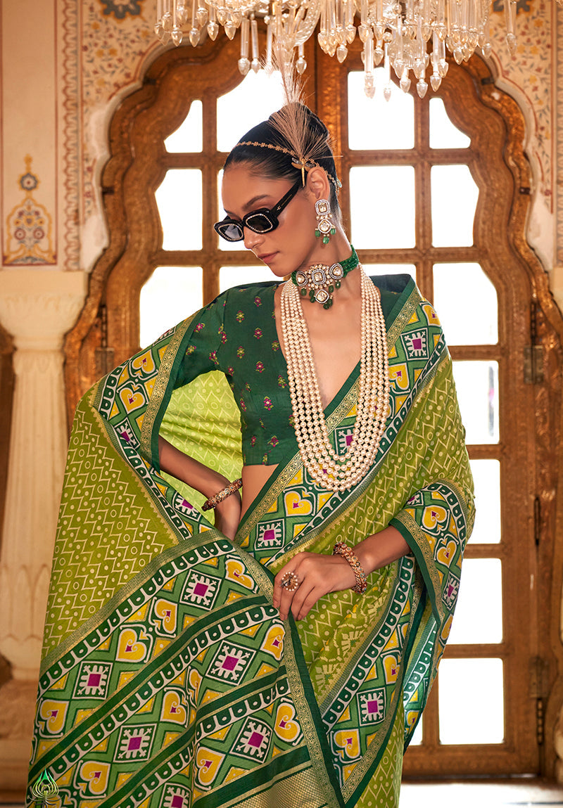 Monjolika Fashion Light Olive Green Patola Print Festival Contemporary Saree