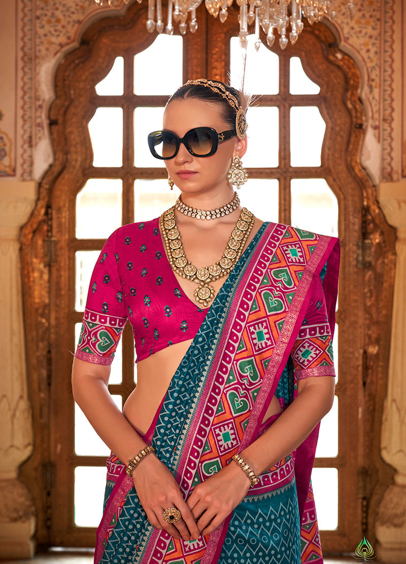 Monjolika Fashion Teal Patola Print Festival Contemporary Saree