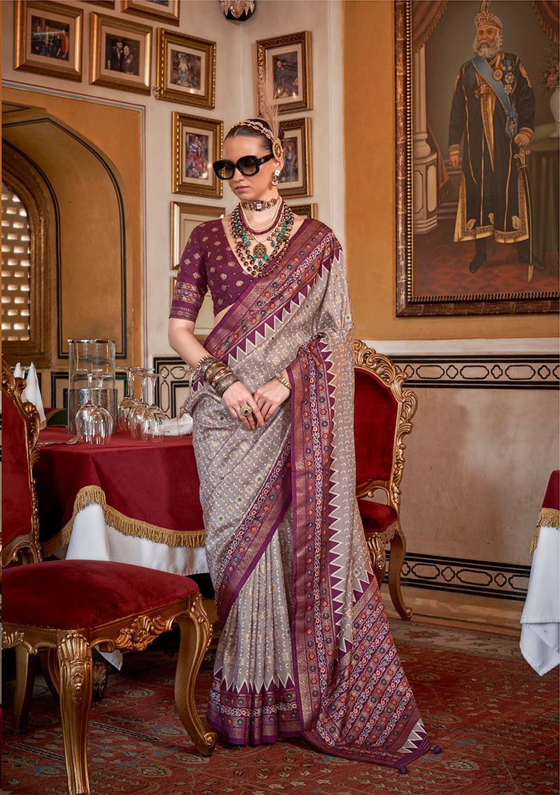 Monjolika Fashion Silk Grey With Wine Border Printed Classic Saree