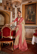 Monjolika Fashion Silk Cream With Red Border Printed Classic Saree