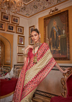Monjolika Fashion Silk Cream With Red Border Printed Classic Saree