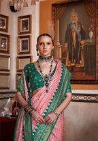 Monjolika Fashion Silk Light Pink With Green Border Printed Classic Saree
