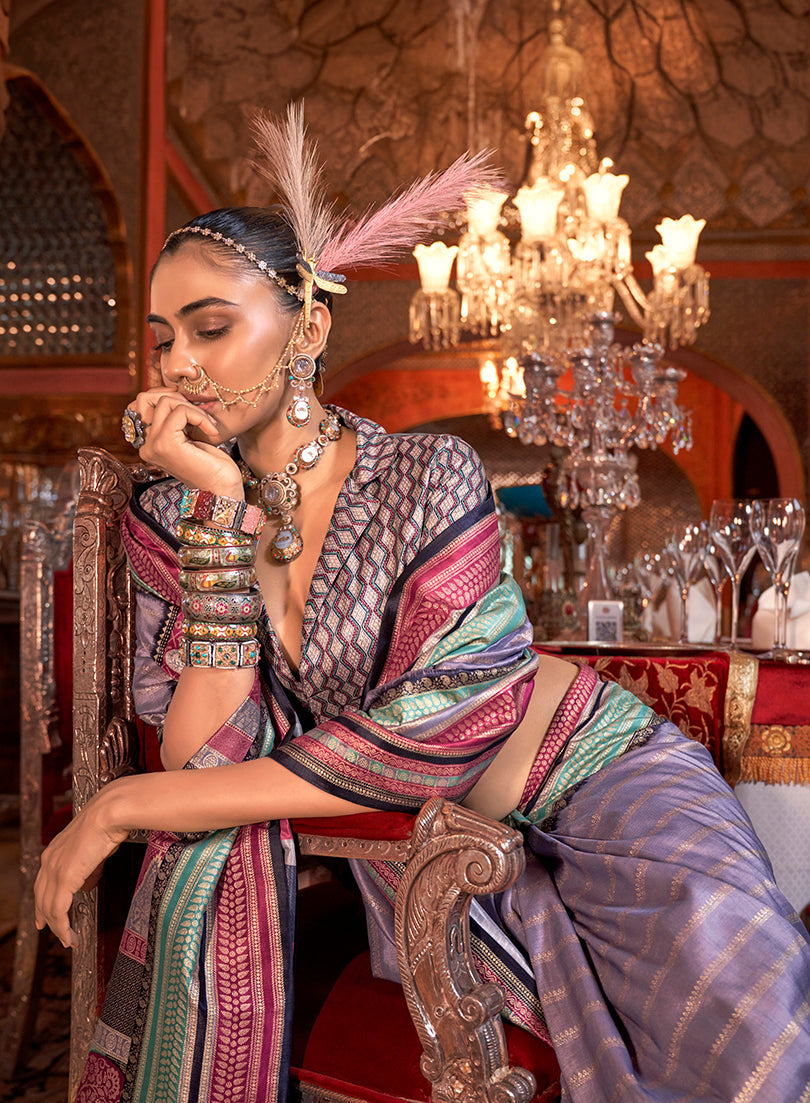 Monjolika Fashion Silk Weaving Zari Lavender Traditional Saree