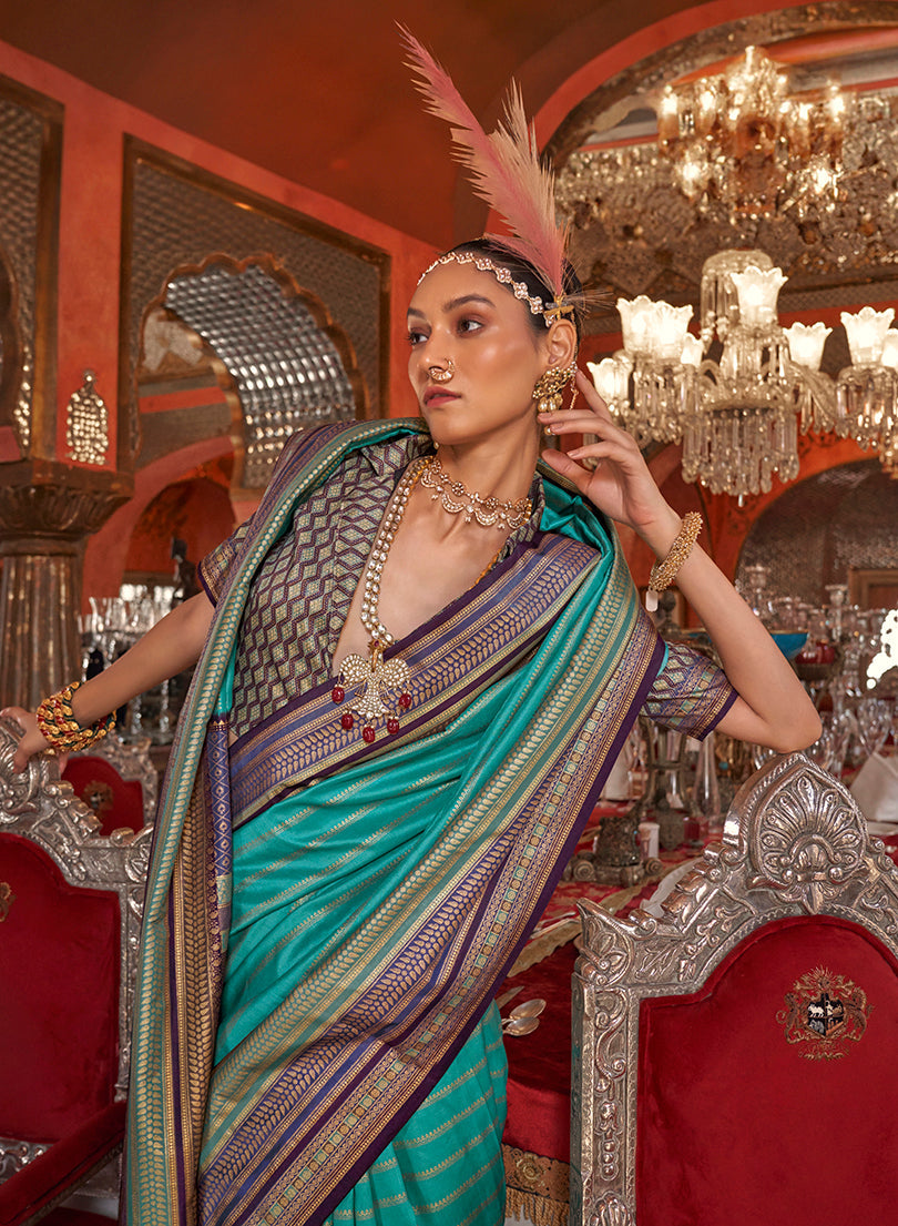 Monjolika Fashion Silk Weaving Zari Turquoise Traditional Saree