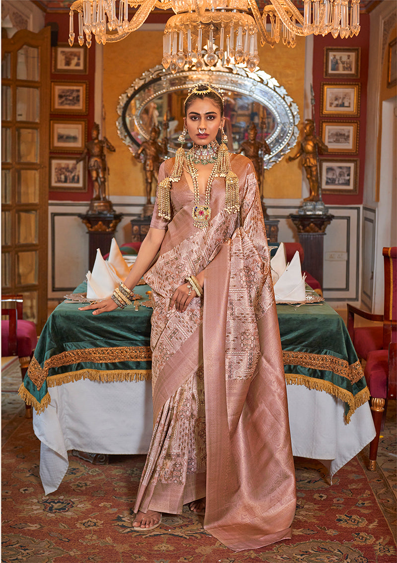 Monjolika Fashion Tussar Silk Digital Print Zari Border Light Peach Contemporary Saree